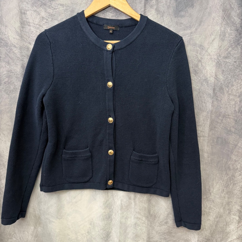 Quince Organic Cotton Navy Blue Button Front Cardigan Gold Buttons Size M